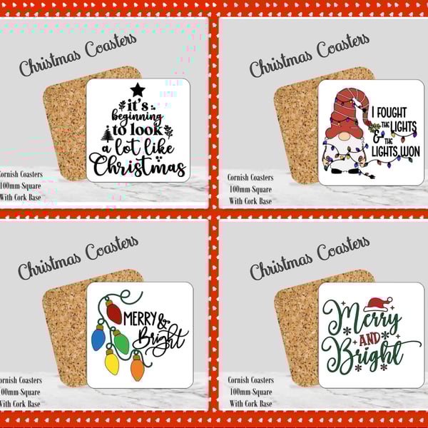 Set of 4 Christmas Coasters  100mm (4" ) Square With Cork Base. Design 1
