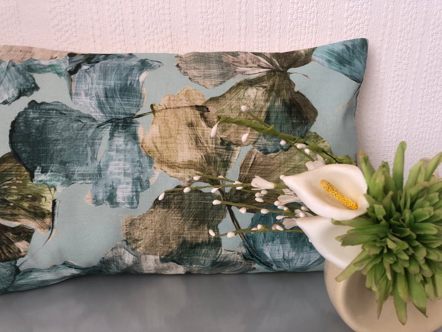 Lumbar Tropical Flower Blue Cream Cotton Cushion Cover Home Decor