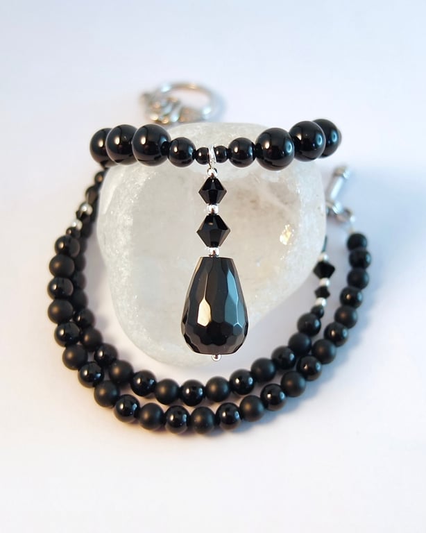 Black Onyx, Crystal & Silver Necklace, Birthday, Anniversary, Gifts For Her