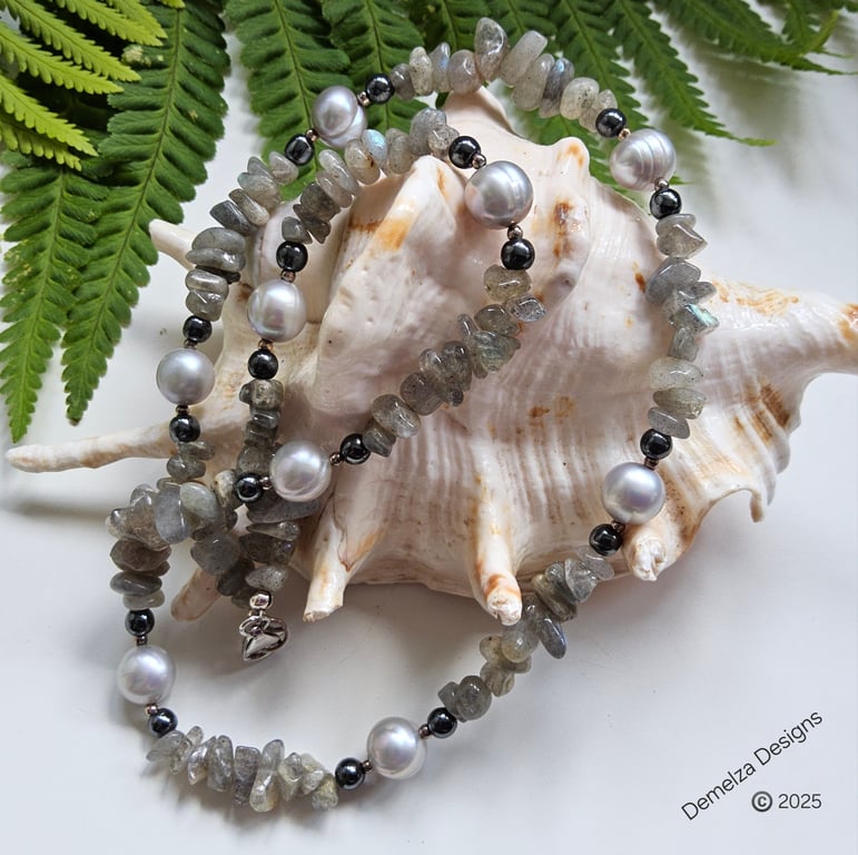 Natural Labradorite, Freshwater Pearl & Heamotite Necklace Sterling Silver 