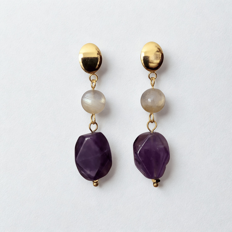 Earrings Amethyst Labradorite Bead Stone Gold Stainless Steel Hypoallergenic