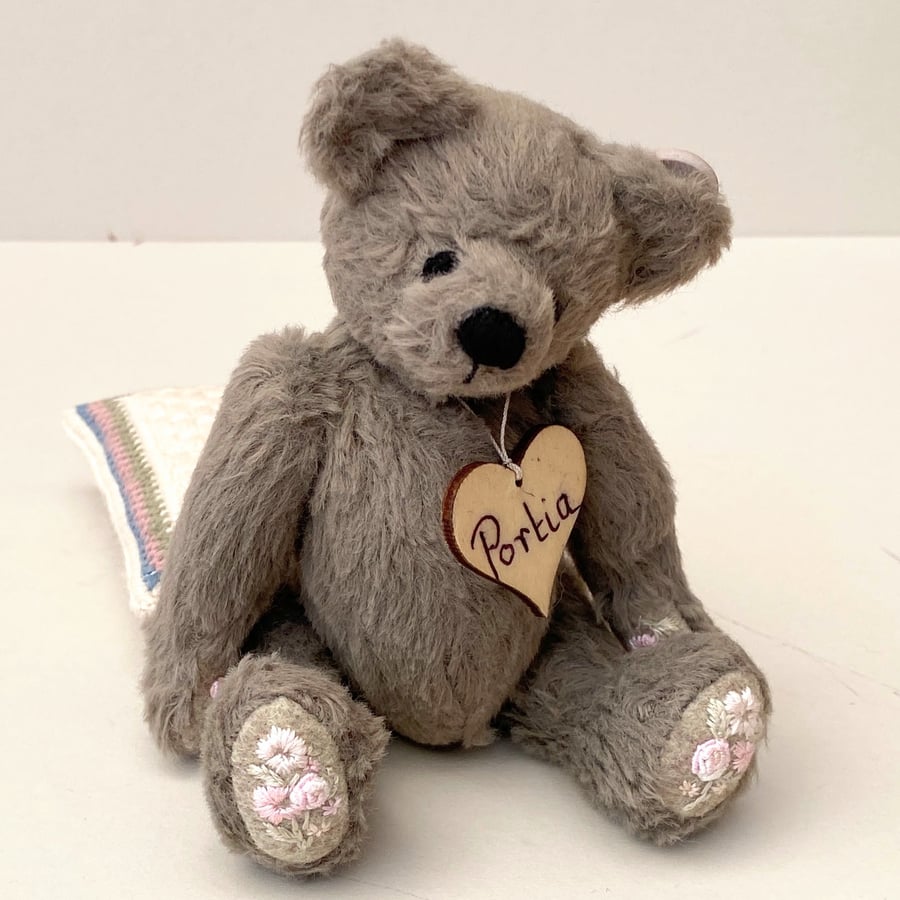 Teddy bear & cushion, handcrafted OOAK collectable artist bear, mini bear