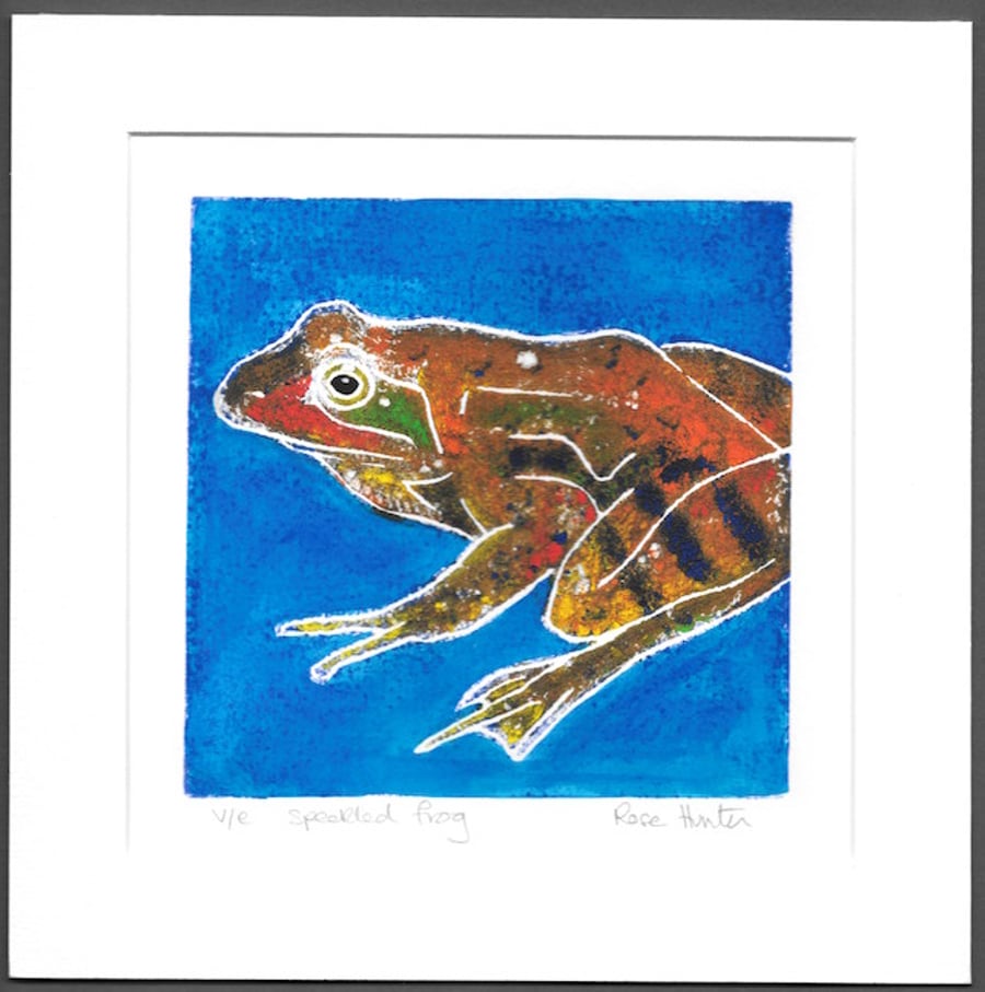 speckled frog - hand painted lino print 003