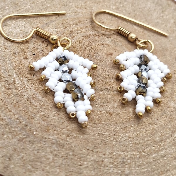 White and gold angel feather dangle beaded earrings