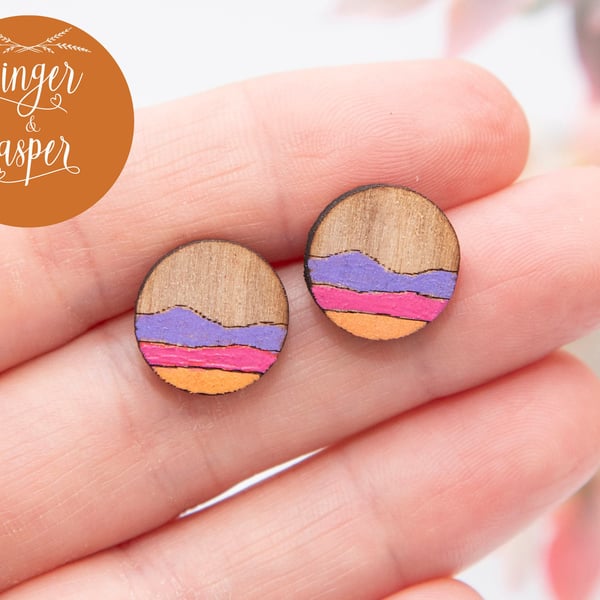 Hand Painted Wooden Earrings, Abstract Landscape Studs, Laser Cut Wood Studs