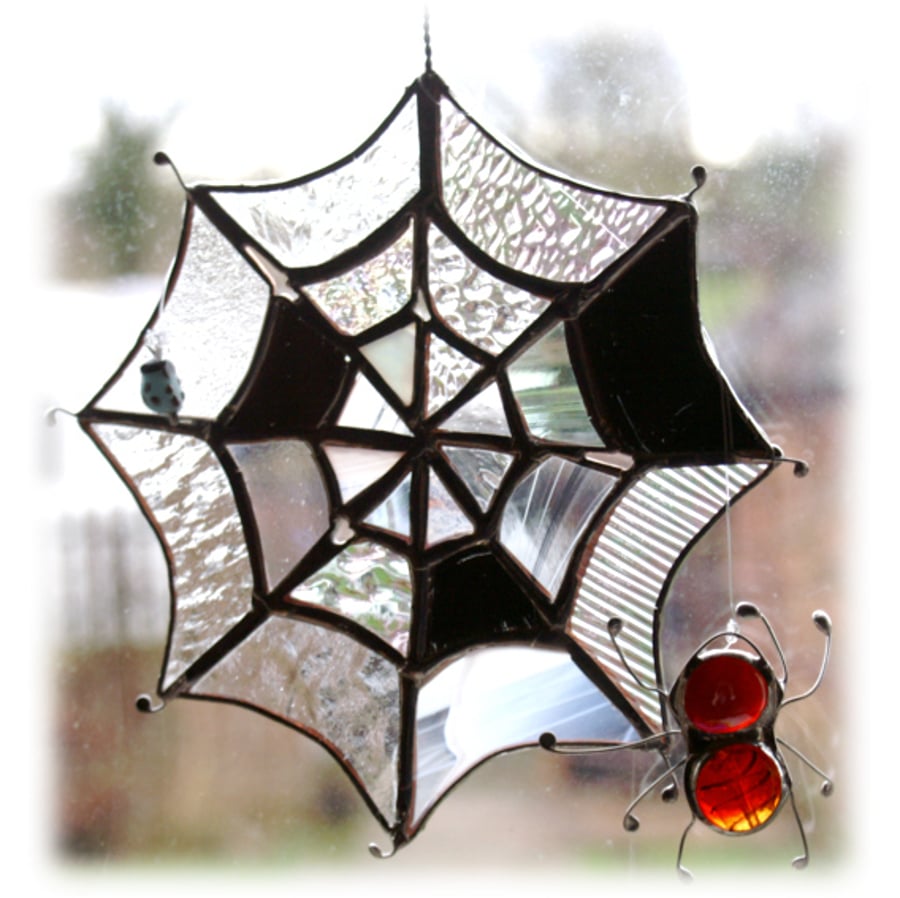  Spider's Web Suncatcher Stained Glass with red fly and little beetle