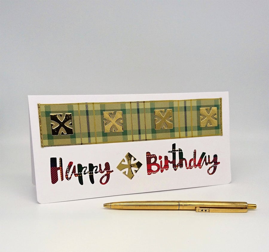 Scottish Celtic Cross and Tartans to Wish a Happy Birthday Card.  FREE P&P to UK