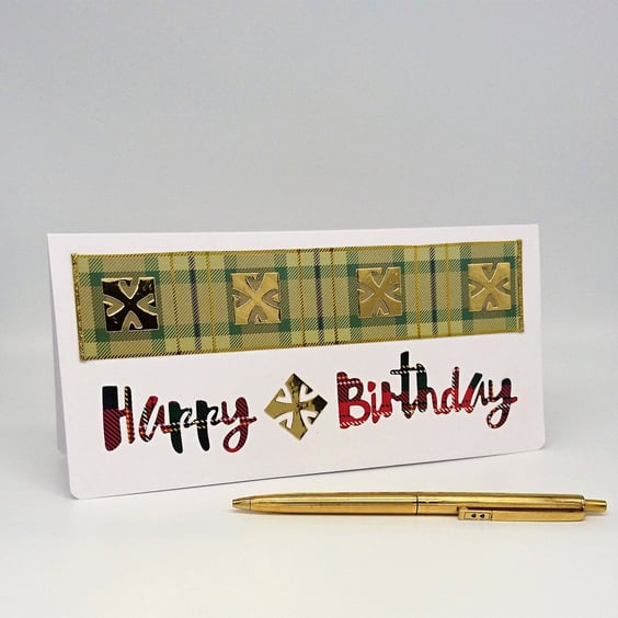 Scottish Celtic Cross and Tartans to Wish a Happy Birthday Card.  FREE P&P to UK