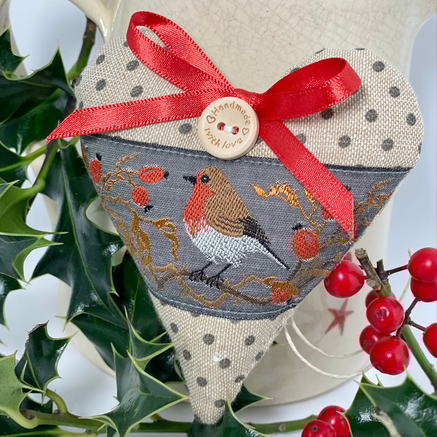 SALE ITEM - CHRISTMAS ROBIN HEART DECORATION - dark grey ribbon