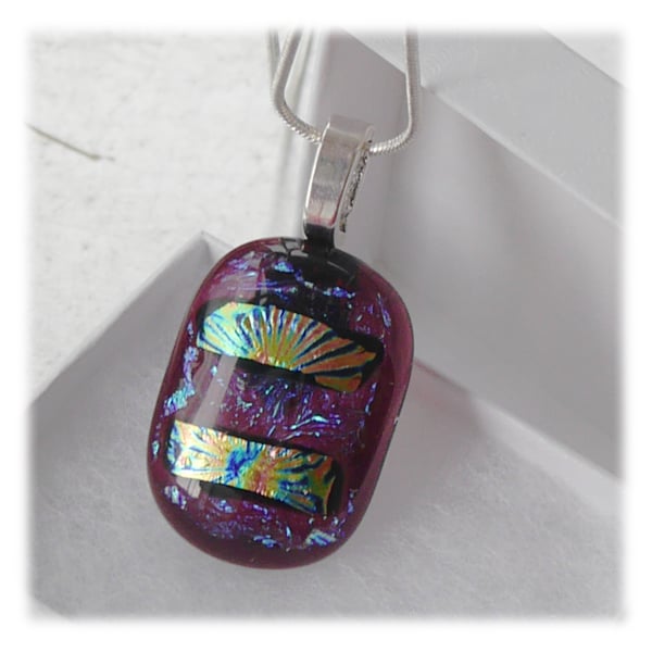 Dichroic Glass Pendant 120 Cranberry Shimmer with silver plated chain