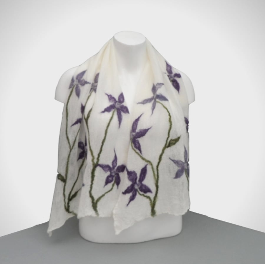 White nuno felted scarf with purple flowers, gift boxed