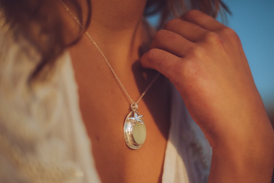 Sea Glass Silver Pendant With Starfish Charm