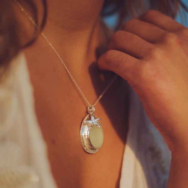 Sea Glass Silver Pendant With Starfish Charm