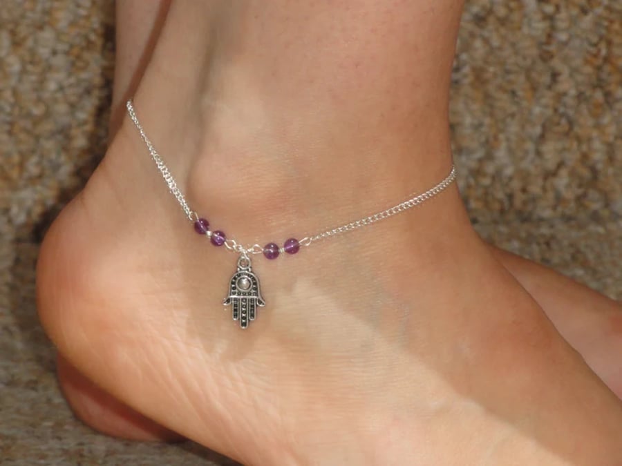 Hamsa ankle bracelet with amethyst gemstone beads
