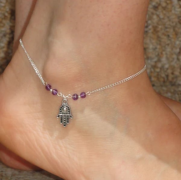 Hamsa ankle bracelet with amethyst gemstone beads