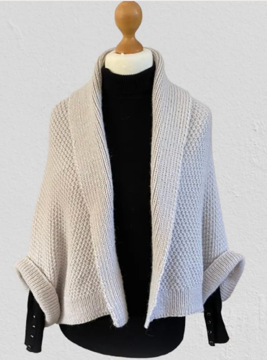 Hand Knitted Shrug, Neutral Colour, Wool with Alpaca Blend Yarn - UK Size 12