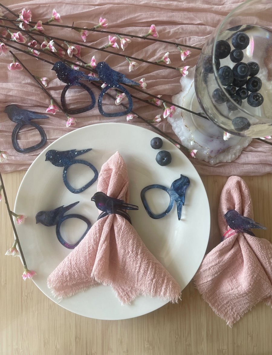 Handmade Resin Bird Napkin Rings,  Navy, Blush Pink & White - Set of 6 pieces