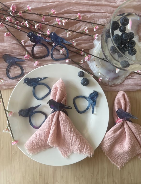 Handmade Resin Bird Napkin Rings,  Navy, Blush Pink & White - Set of 6 pieces