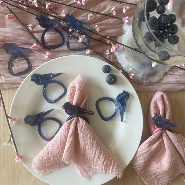 Handmade Resin Bird Napkin Rings,  Navy, Blush Pink & White - Set of 6 pieces