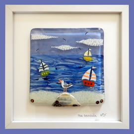 HANDMADE FUSED GLASS  'SEAGULL AND COAST' PICTURE