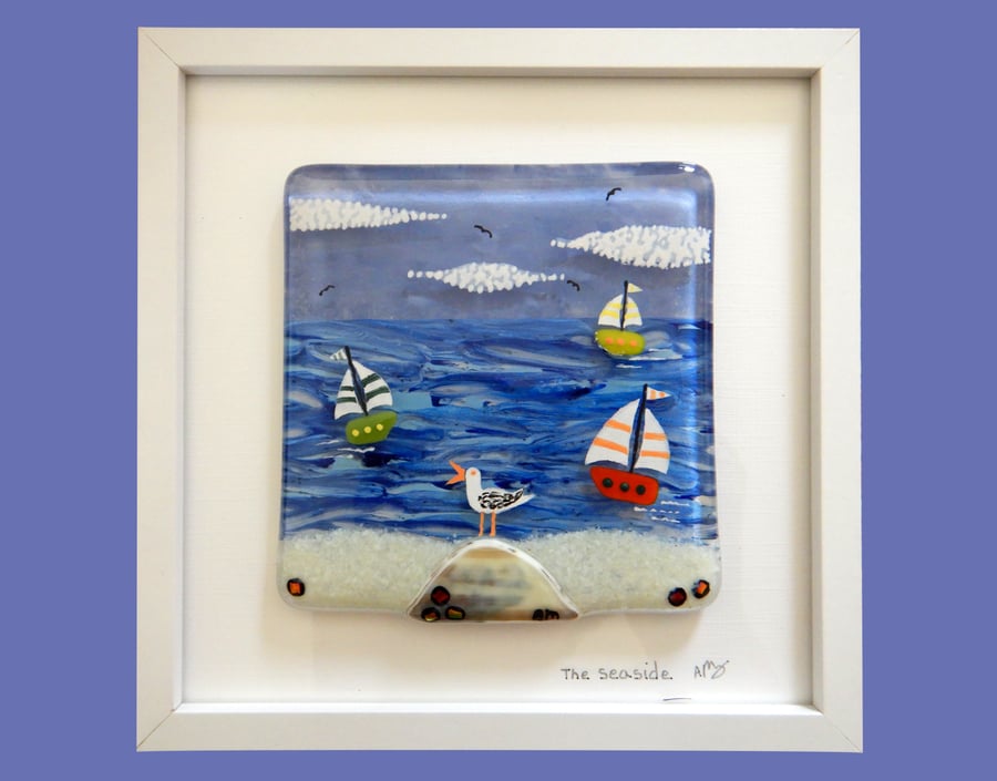 HANDMADE FUSED GLASS  'SEAGULL AND COAST' PICTURE