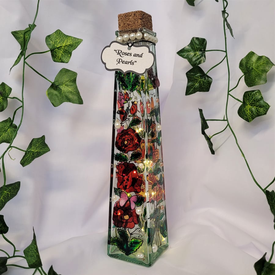 Roses and Pearls - Handpainted Bottle Lamp