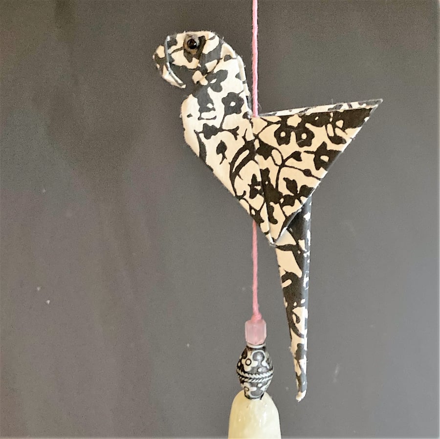 Origami Bird Hanging Mobile, Parrot with colourful tassel and beads