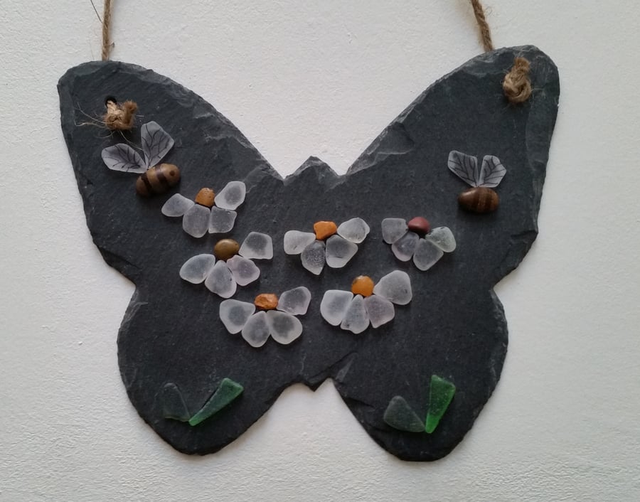 Sea Glass Flowers on a Hanging Butterfly Shaped Slate.Unique Mother Day Gift