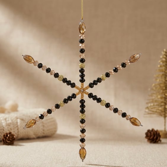 Black and Gold Handmade Snowflake Hanging Ornament,