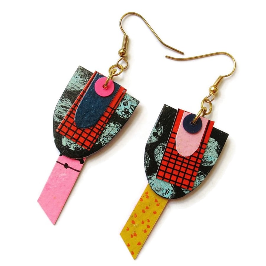 Funky Earrings Geometric Reversible Multicolour Mismatched Hand Painted Paper