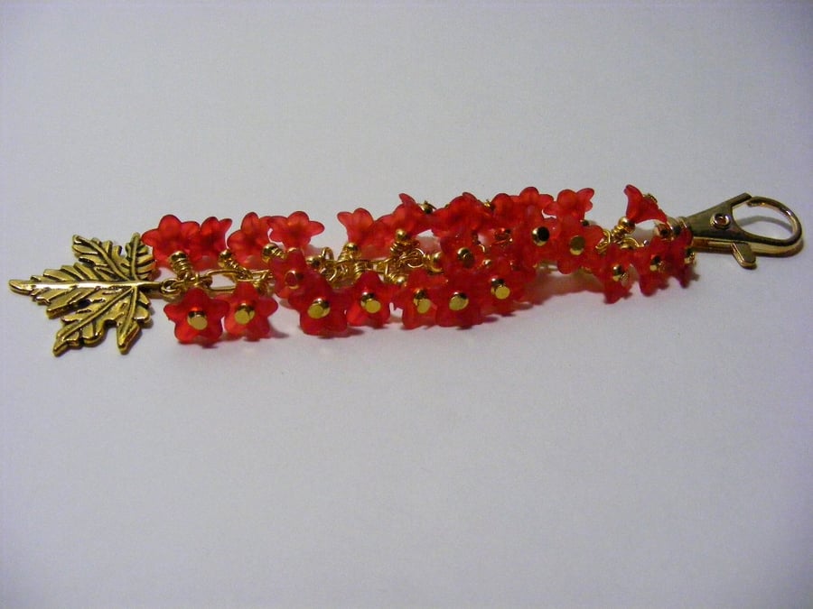 Gold Maple Leaf and Red Flower Bag Charm