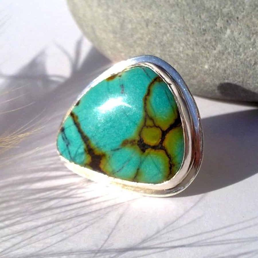 Glossy Turquoise and Sterling Silver Ring
