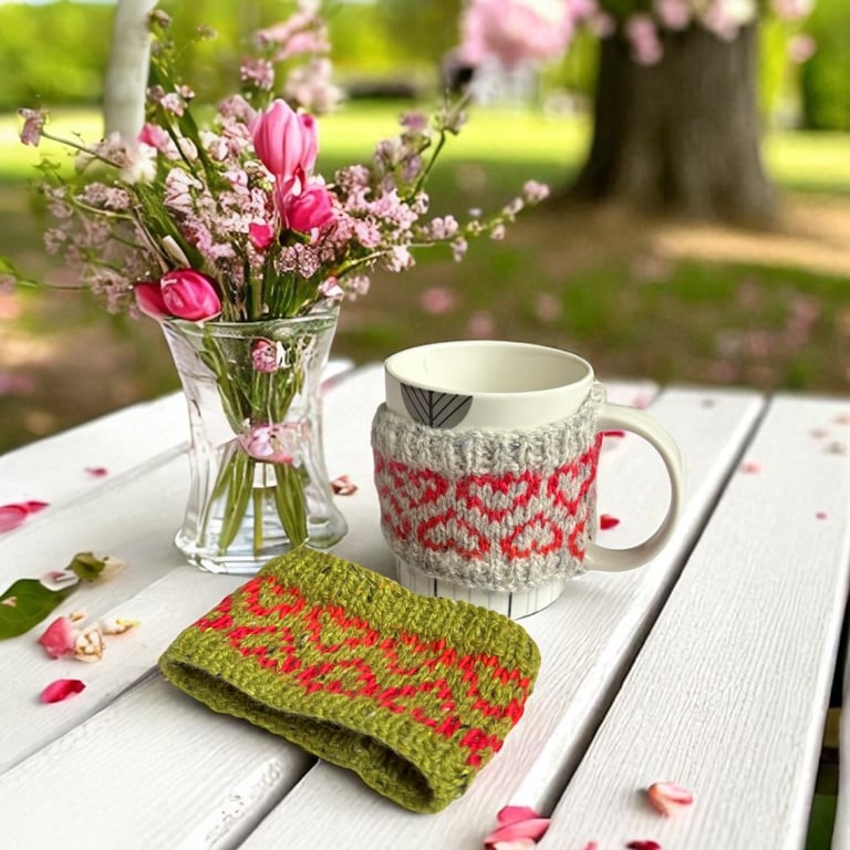 Small Heart mug hug , fair isle knitted cosie