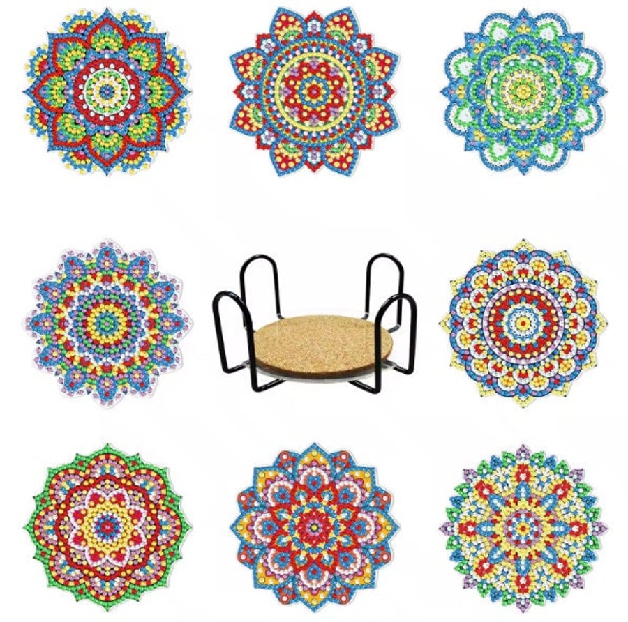 8pcs 5D Diamond Painting Coasters Kit Medallion Mandala Coasters DIY Shaped Diam