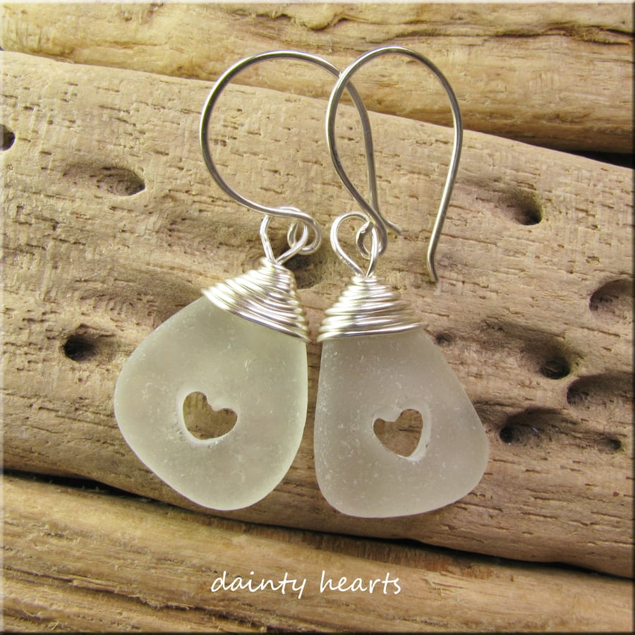 Natural sea glass heart earrings