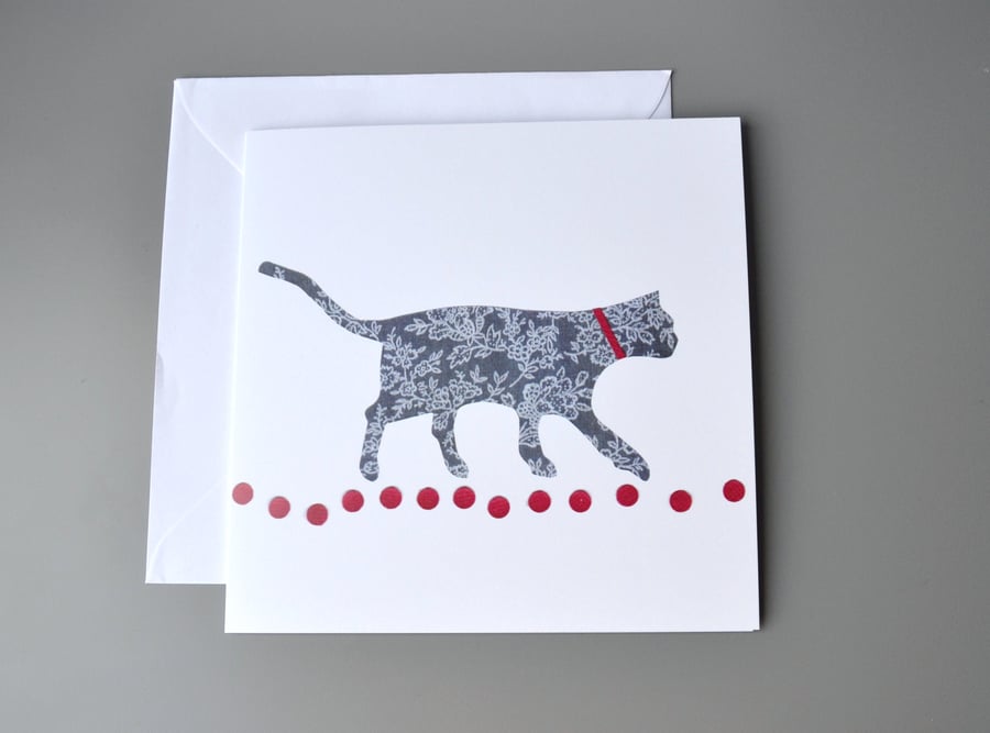 Walking Cat on Red Circles blank card