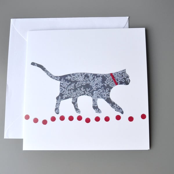 Walking Cat on Red Circles blank card