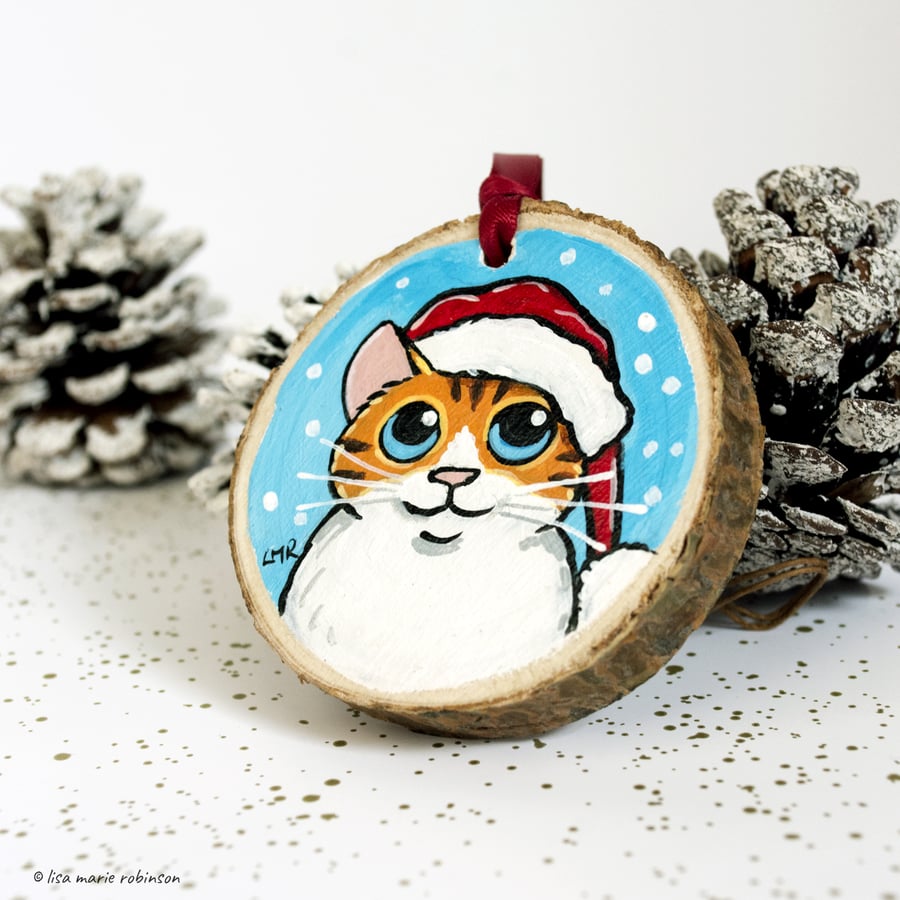 Orange Tabby Santa Cat - Hand Painted Wooden Christmas Tree Decoration