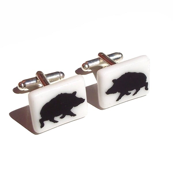 Wild Boar Cufflinks Fused Glass with Screen Printed Kiln Fired Enamel