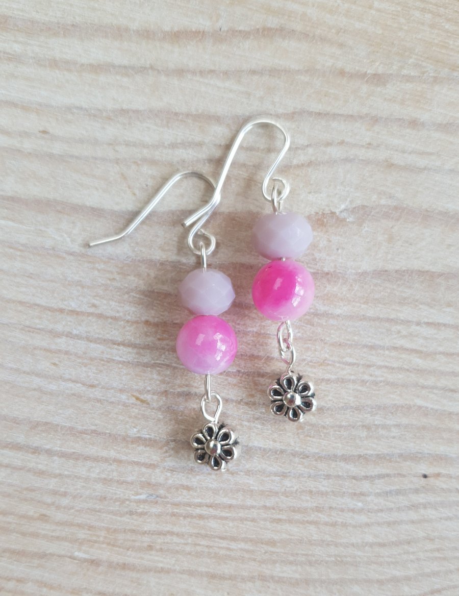 Tie Dye Floral Sparkle Semi Precious Dangle Earrings - Pink Mix