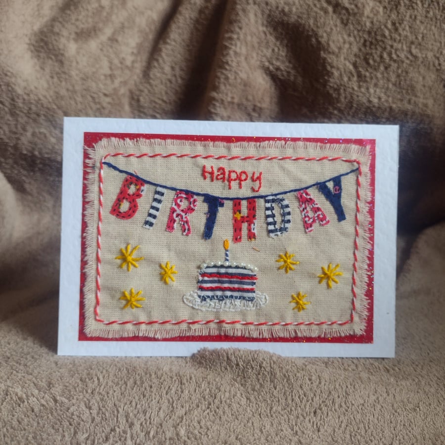Birthday Bunting Cake Card - Textile Card - Red, White and Blue - Hand Stitched