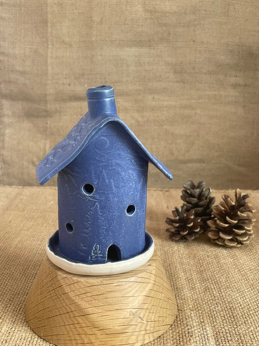 handmade ceramic tea light house, incense holder, blue house, 