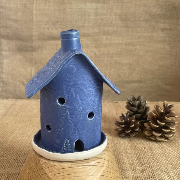 handmade ceramic tea light house, incense holder, blue house, 