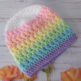 Crochet Rainbow Baby Beanie Hat, Sizes Newborn to 2 Years, Made To Order