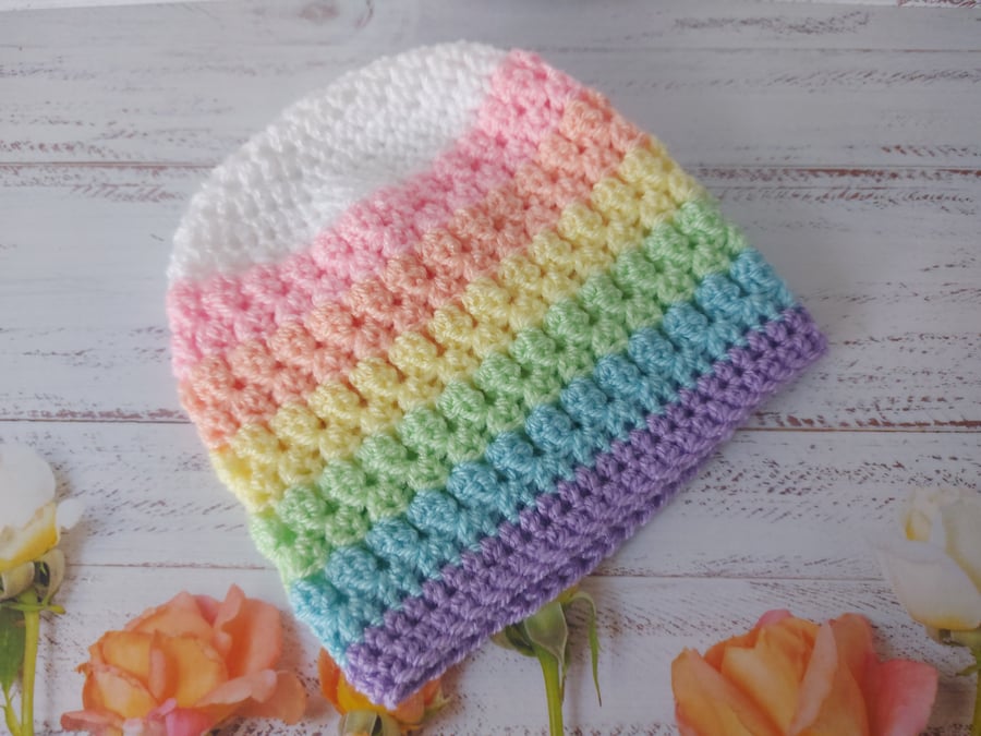 Crochet Rainbow Baby Beanie Hat, Sizes Newborn to 2 Years, Made To Order