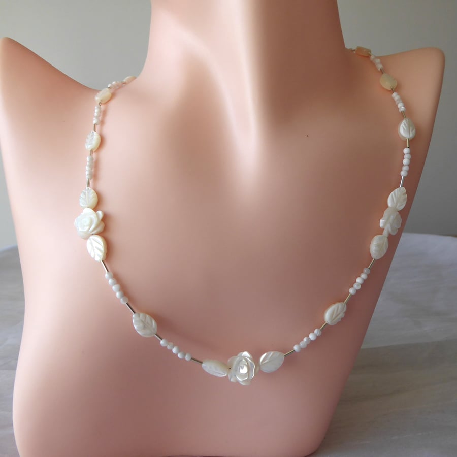  Sterling Silver & Mother of Pearl Leaves & Rose Necklace