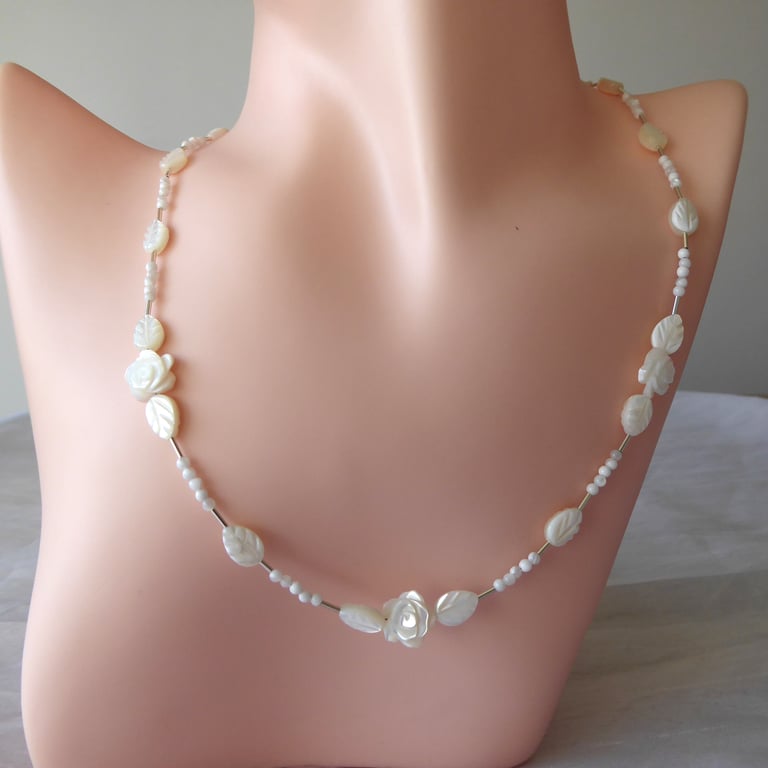  Sterling Silver & Mother of Pearl Leaves & Rose Necklace