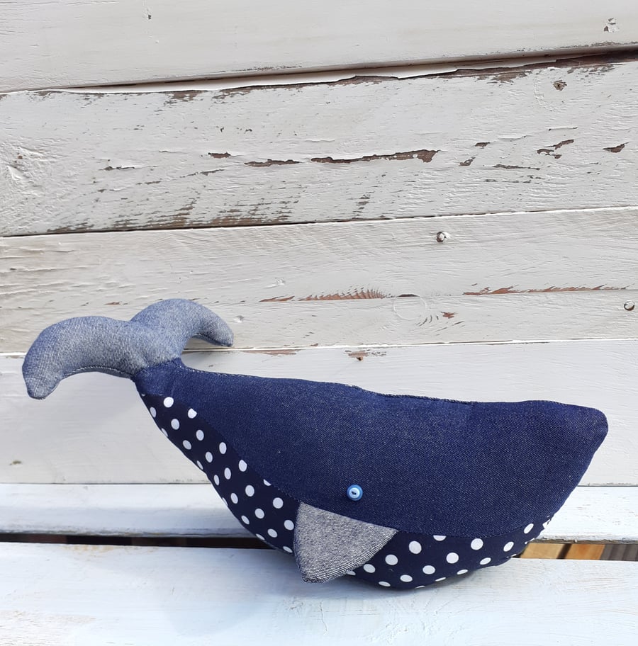 Whale Doorstop Handmade From Denim And Navy White Polka Dot Fabric
