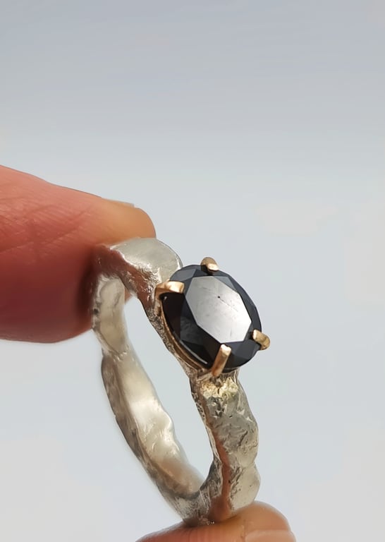 Molten Sterling Silver Black Diamond Ring – 9k Gold Prong Setting - Size N