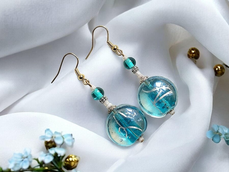 Silver thread lampwork beaded earrings, Turquoise glass, boho earrings